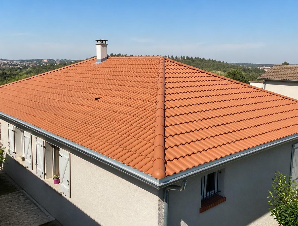 Toiture en tuiles terre cuite entièrement rénovée avec gouttières zinc, région lyonnaise